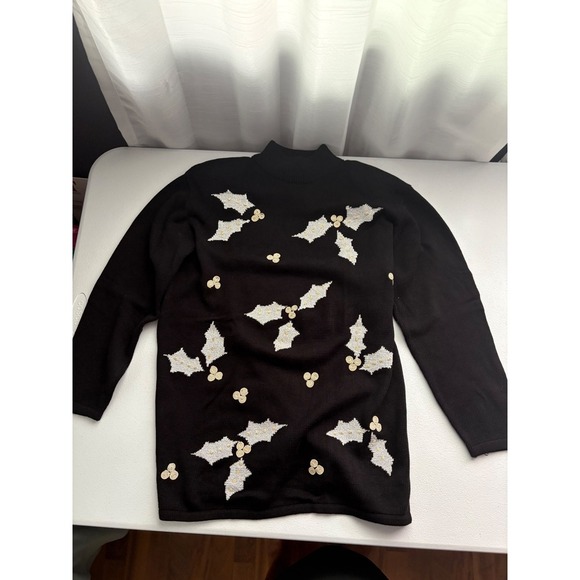Richard Sport Sweater Small Black Holiday Holly Christmas Mock Neck Knit - Picture 1 of 9